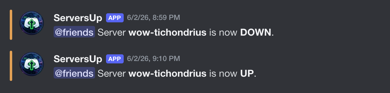 ServersUp Discord uptime and downtime alerts: wow-tichondrius going down, then back up